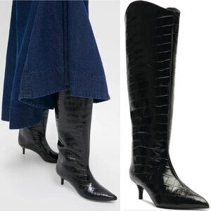 SCHUTZ Maryana Lo Wide Pointed Toe Knee High Boots Sz 5 Black Croco Leather NEW